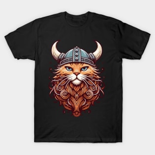 Funny Viking Warrior Cat Norse Mythology Cartoon Portrait T-Shirt